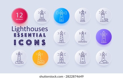 Lighthouse set icon. Coastal beacon, maritime landmark, harbor guidance, shoreline navigation, illuminated tower, waterfront structure, ocean signal, nautical orientation, striped architecture