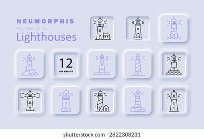Lighthouse set icon. Coastal signal, maritime beacon, ocean tower, rocky outpost, shoreline guidance, striped structure, waterfront sentinel, harbor landmark, illuminated column, seaside navigation