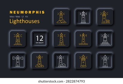 Lighthouse set icon. Seacoast beacon, rocky outcrop, harbor tower, waterfront marker, striped structure, illuminated guidance, channel navigation, maritime warning, nautical pathway