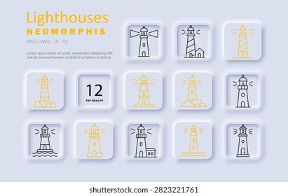 Lighthouse set icon. Warning beacon, coastal marker, striped column, marine lookout, shoreline guide, rocky outcrop, ocean tower, harbor reference, navigational aid, signal structure, waterfront landmark