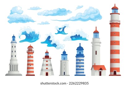 Lighthouse set with isolated icons of clouds waves and tower buildings of various age and style vector illustration