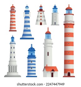 Lighthouse set with isolated images of classic architecture tower buildings colored in blue and red stripes vector illustration