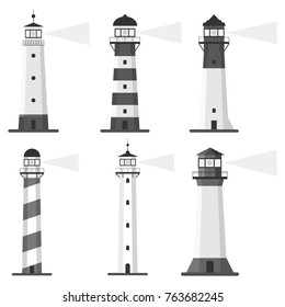 Lighthouse, Set of lighthouses, path lighting. Flat design, vector illustration.