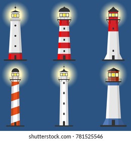 Lighthouse, Set of lighthouses, path lighting. Lighthouse shines at night. Flat design, vector illustration.