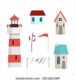 
lighthouse set with sea houses on the white background