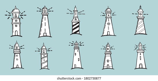 Lighthouse set, vector illustration hand drawn style.