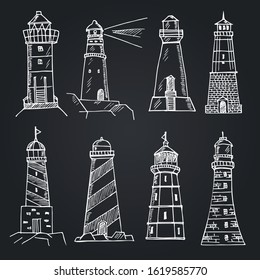 Lighthouse set. Vector illustration. Isolated elements on chalkboard background. Symbol collection.