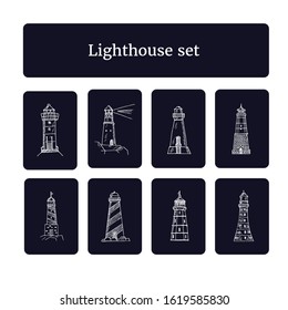 Lighthouse set. Vector illustration. Isolated elements on chalkboard background. Symbol collection.