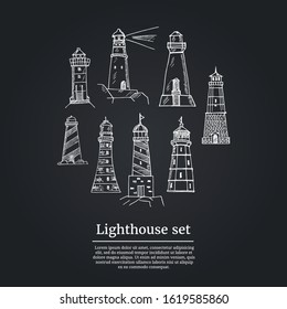 Lighthouse set. Vector illustration. Isolated elements on chalkboard background. Symbol collection.