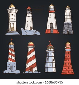 Lighthouse set. Vector illustration. Isolated elements on chalkboard background. Symbol collection.