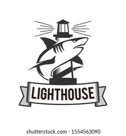 Lighthouse  with shark landmark logo design outdoor beach logo