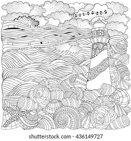 Lighthouse and shells, seascape. Coloring book page for adult. Waves, sea, art background. Pattern for coloring book. Hand-drawn, doodle, vector, zentangle, tribal design elements. 