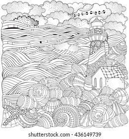 Lighthouse and shells, seascape. Coloring book page for adult. Waves, sea, art background. Pattern for coloring book. Hand-drawn, doodle, vector, zentangle, tribal design elements. 