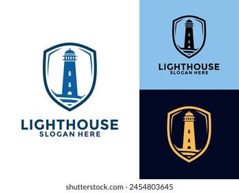 Lighthouse Shield logo. Harbor icon. Light beacon symbol. Maritime tower logo Vector illustration