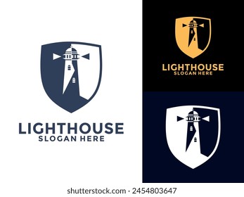 Lighthouse Shield logo. Harbor icon. Light beacon symbol. Maritime tower logo Vector illustration