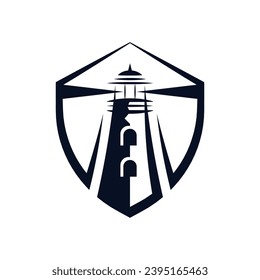 Lighthouse shield logo illustration design vector.