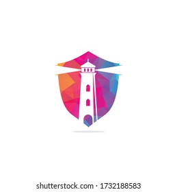 Lighthouse shield shape concept vector logo design. Lighthouse icon logo design vector template illustration.