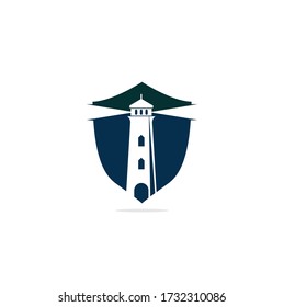 Lighthouse shield shape concept vector logo design. Lighthouse icon logo design vector template illustration.	