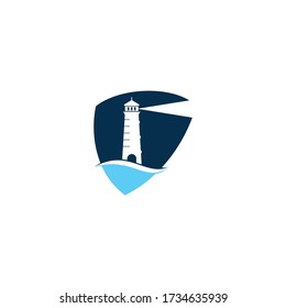 Lighthouse shield shape concept vector logo design. Waves Lighthouse icon logo design vector template illustration.	