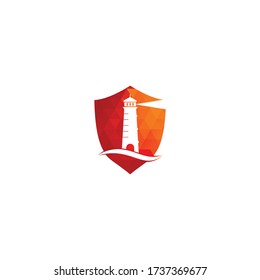 Lighthouse shield shape concept vector logo design. Waves Lighthouse icon logo design vector template illustration.