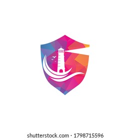 Lighthouse shield shape concept vector logo design. Waves Lighthouse icon logo design vector.