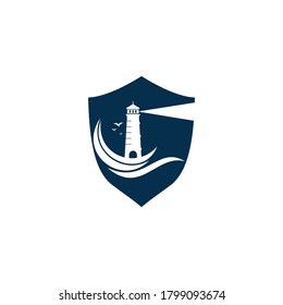 Lighthouse shield shape concept vector logo design. Waves Lighthouse icon logo design vector.