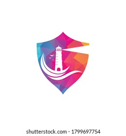 Lighthouse shield shape concept vector logo design. Waves Lighthouse icon logo design vector .