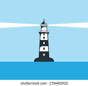 lighthouse shine its light in the middle of shore vector illustration design template