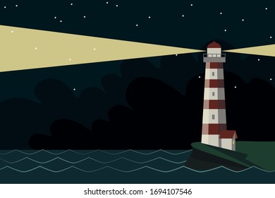 Lighthouse shines in the night. dark starry night seascape, flat vector illustration.