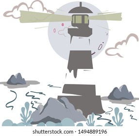 The lighthouse Shines in the Night and Shows the way to the Ships. Vector image of a lighthouse in the sea.