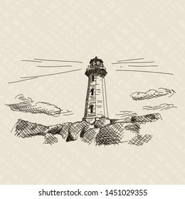 The lighthouse shines on the stone shore. Vector sketch.
