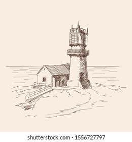 The lighthouse shines on the stone shore. Vector sketch.