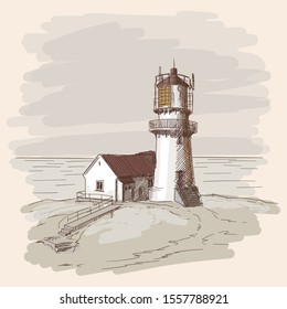The lighthouse shines on the stone shore. Vector sketch.