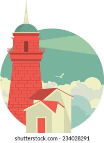 lighthouse shines a spotlight in a round emblem retro style