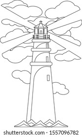lighthouse shines through the clouds, black and white vector illustration. Coloring book, silhouette of a building among the waves of the sea