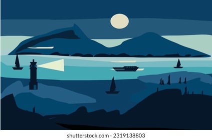 Ilustración del fondo del faro y el barco en el puerto