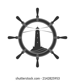 Lighthouse in ship helm graphic sign. Symbol nautical adventure or travel. Vector illustration