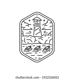 Lighthouse with ship monoline design badge and emblem