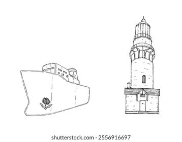 Lighthouse and Ship on white background. 100% hand drawn vector image.