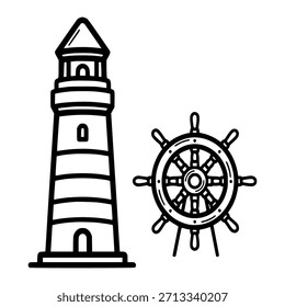 Illustration Leuchtturm und Schiffslenkrad
