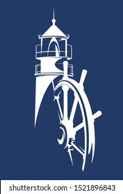 lighthouse and ship steering wheel vector silhouette design - sea navigation helm and beacon emblem for adventure cruise