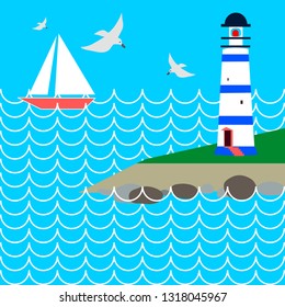 Lighthouse and ship vector graphics sea illustration