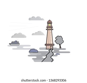 lighthouse and ship vector object illustration