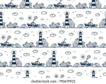 Lighthouse, ship, waves and clouds in kids doodle style, vector seamless pattern