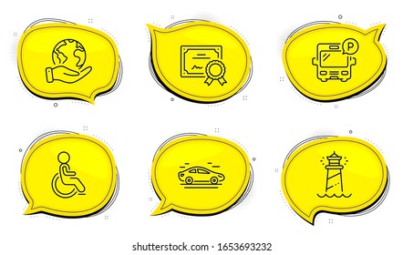 Lighthouse sign. Diploma certificate, save planet chat bubbles. Bus parking, Disabled and Car line icons set. Public park, Handicapped wheelchair, Transport. Searchlight tower. Vector