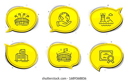 Lighthouse sign. Diploma certificate, save planet chat bubbles. Sports arena, Arena and Buildings line icons set. Event stadium, Sport stadium, City architecture. Navigation beacon. Vector