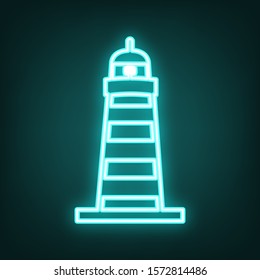 Lighthouse sign illustration. Cyan neon icon in the dark. Bluring. Luminescence. Illustration.