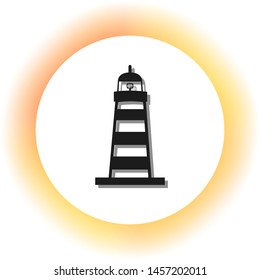 Lighthouse sign illustration. Dark icon with shadow on the glowing circle button. Illustration.