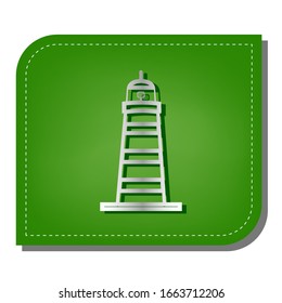 Lighthouse sign illustration. Silver gradient line icon with dark green shadow at ecological patched green leaf. Illustration.