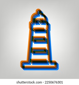 Ilustración de la señal del faro. Icono marcado en colores naranja, azul y lavanda antigua en fondo gris. Ilustración.